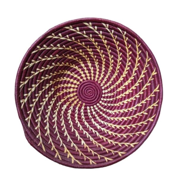 Burgundy Twist Woven Coiled Basket Bowl Raffia Uganda Straw Tray Plate Boho - Image 3