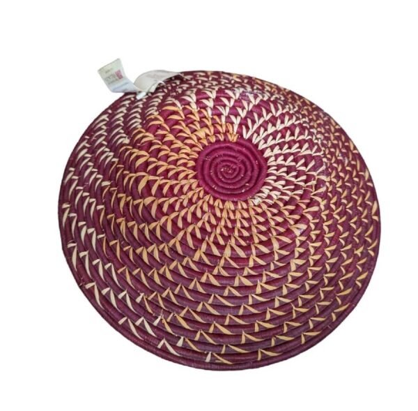 Burgundy Twist Woven Coiled Basket Bowl Raffia Uganda Straw Tray Plate Boho - Image 4