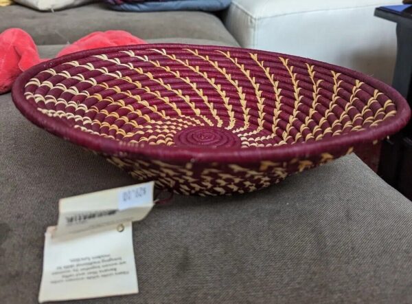 Burgundy Twist Woven Coiled Basket Bowl Raffia Uganda Straw Tray Plate Boho - Image 5