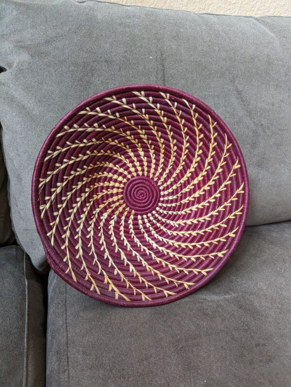 Burgundy Twist Woven Coiled Basket Bowl Raffia Uganda Straw Tray Plate Boho - Image 6