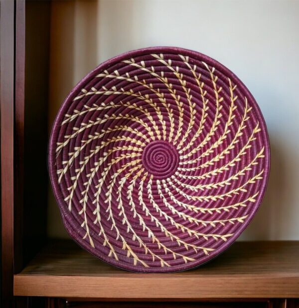 Burgundy Twist Woven Coiled Basket Bowl Raffia Uganda Straw Tray Plate Boho