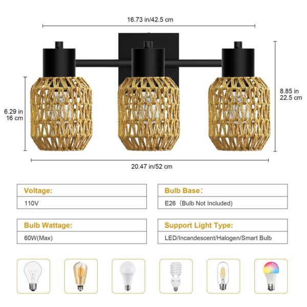 CHICLUX Bathroom Vanity Light, 3 Lights Boho Rattan bathroom lighting fixture... - Image 5