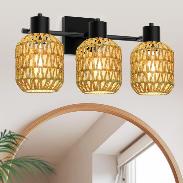 CHICLUX Bathroom Vanity Light, 3 Lights Boho Rattan bathroom lighting fixture...