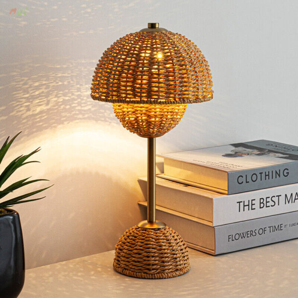 Country Hand-woven rattan USB Dimmable Table Lamp Desk Light Bedside Nightlight - Image 2