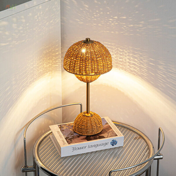 Country Hand-woven rattan USB Dimmable Table Lamp Desk Light Bedside Nightlight - Image 3