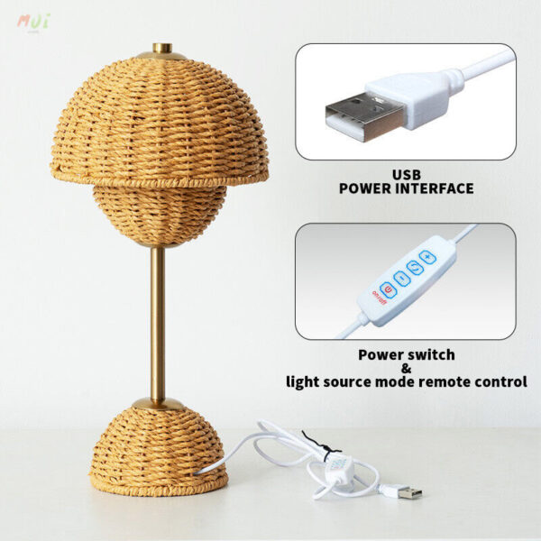 Country Hand-woven rattan USB Dimmable Table Lamp Desk Light Bedside Nightlight - Image 6