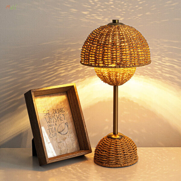 Country Hand-woven rattan USB Dimmable Table Lamp Desk Light Bedside Nightlight