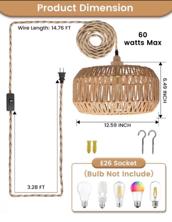 D 12.6” Rattan Plug in Pendant Light, 15FT Hanging Light - Image 2