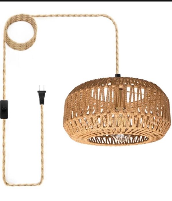 D 12.6” Rattan Plug in Pendant Light, 15FT Hanging Light