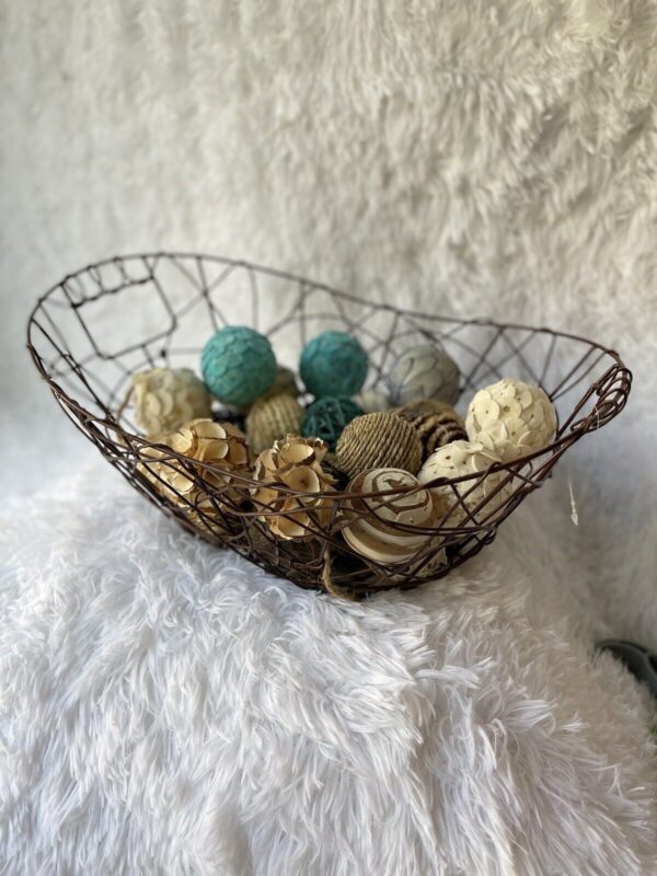 Decorative Wire Basket with assorted balls farmhouse or boho natural elements - Image 2