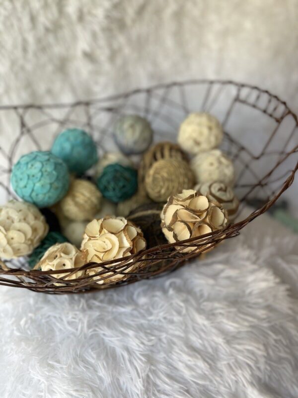 Decorative Wire Basket with assorted balls farmhouse or boho natural elements - Image 3