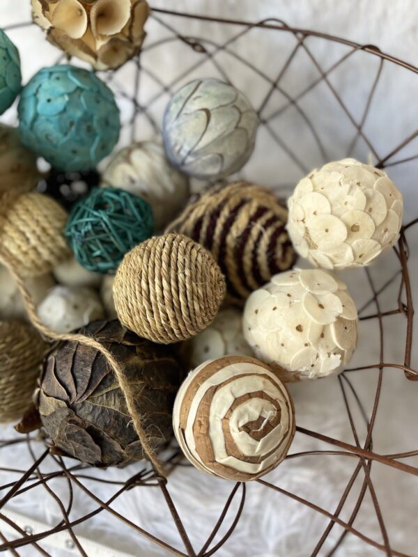 Decorative Wire Basket with assorted balls farmhouse or boho natural elements - Image 4