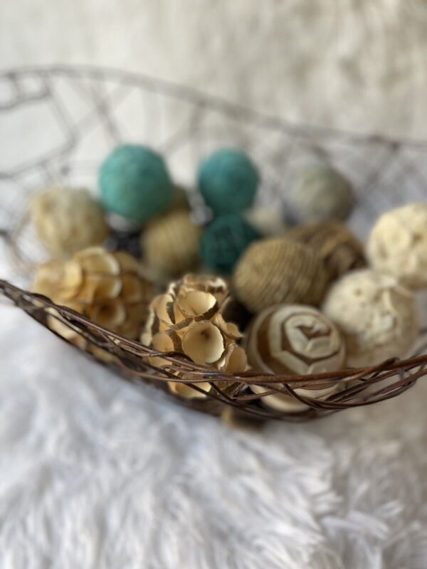 Decorative Wire Basket with assorted balls farmhouse or boho natural elements