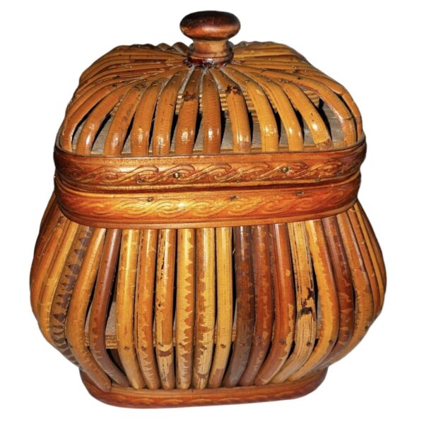 Decorative Wood Wicker Rattan Brown / Tan Container Boho Style Basket With Lid - Image 2