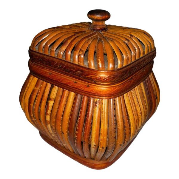 Decorative Wood Wicker Rattan Brown / Tan Container Boho Style Basket With Lid - Image 3