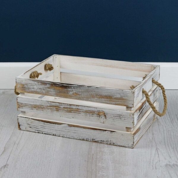 Distressed White Wood Rope Handle Crate