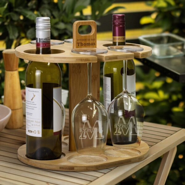 Engraved Bamboo Wine Rack & Glasses Holder