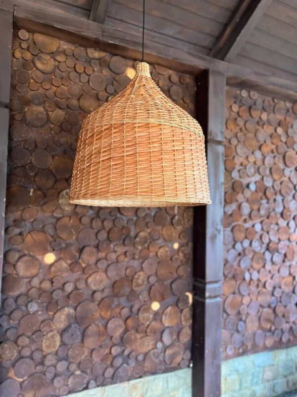 EXC ~ Mid Century MCM SCALLOP Hanging RATTAN WICKER Swag Lamp - Image 3