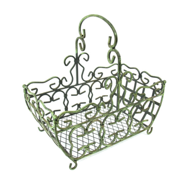 Fancy Metal Faux Patina Footed Display Basket w Handle Bathroom Living Room