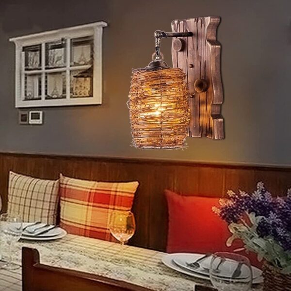 Farmhouse Battery Operated Wall Sconces Retro Woven Lampshade Rattan Lantern - Image 3