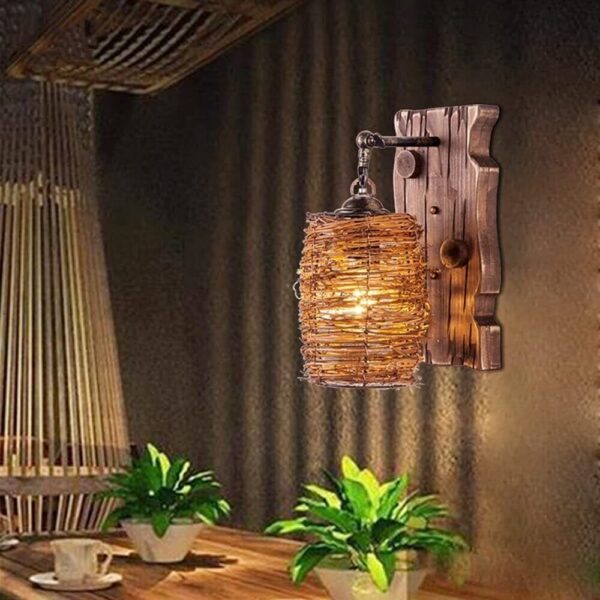 Farmhouse Battery Operated Wall Sconces Retro Woven Lampshade Rattan Lantern