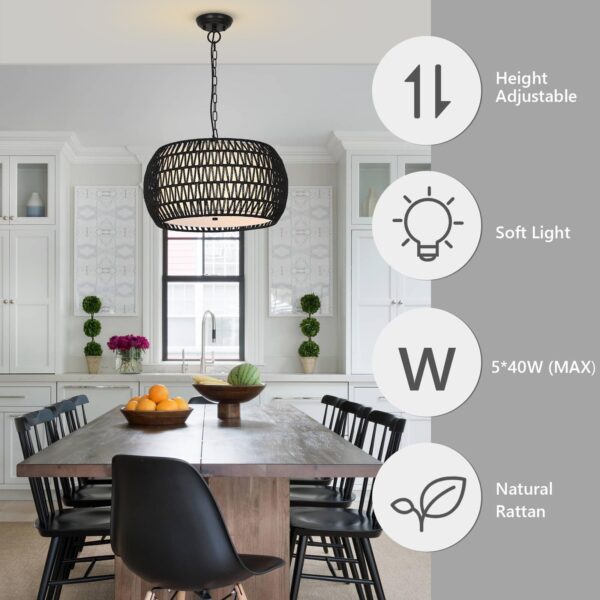 Farmhouse Chandeliers for Dining Room,5-Lights Rattan Boho Chandelier Light F... - Image 3