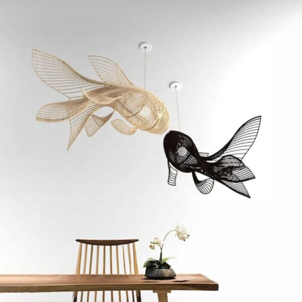 Fish lampshade wicker chandelier black rattan ceiling light