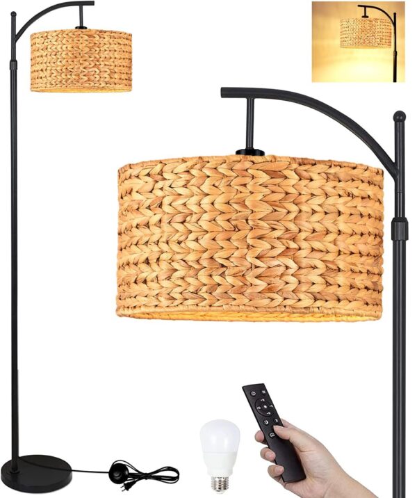 Floor Lamp for Living Room Bedroom Farmhouse Arc Rattan Boho Standing Lamp wi...