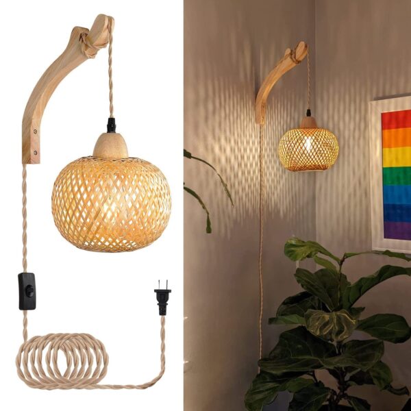 Frideko Bamboo Lantern Plug in Wall Sconces Wicker Wall Lamp with Plug in Cor...