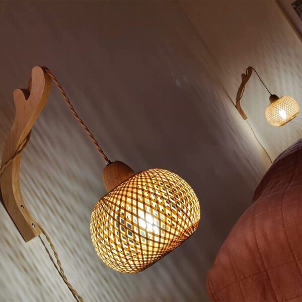 Frideko Bamboo Lantern Plug in Wall Sconces Wicker Wall Lamp with Plug in Cor... - Image 3