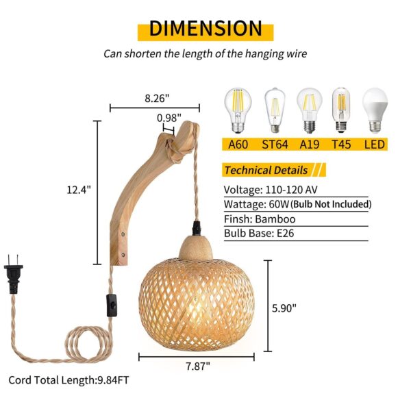 Frideko Bamboo Lantern Plug in Wall Sconces Wicker Wall Lamp with Plug in Cor... - Image 4