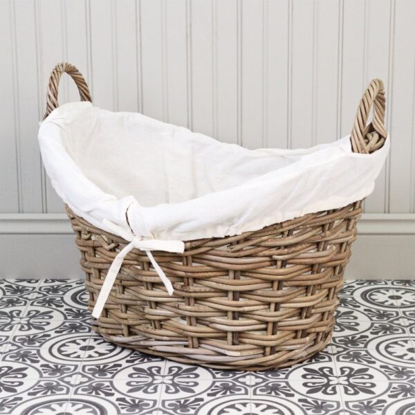 Grey and Buff Lined Rattan Wicker Washing Basket