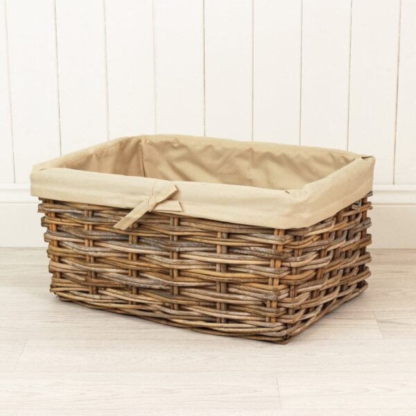 Grey and Buff Lined Wicker Rattan Storage Basket