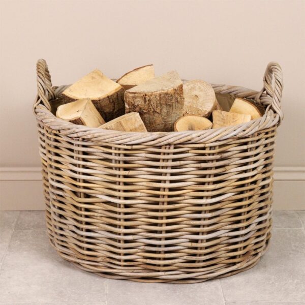 Grey and Buff Oval Rattan Log Basket