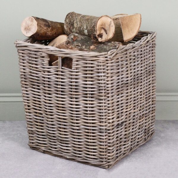 Grey and Buff Rattan Square Wicker Log Basket