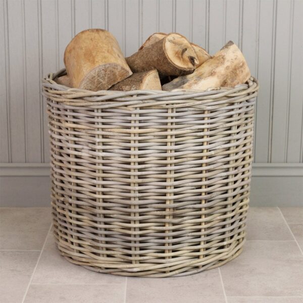 Grey and Buff Round Rattan Wicker Log Basket