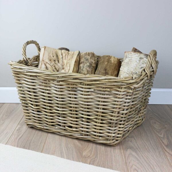 Grey & Buff Rattan Rectangular Wicker Log Basket