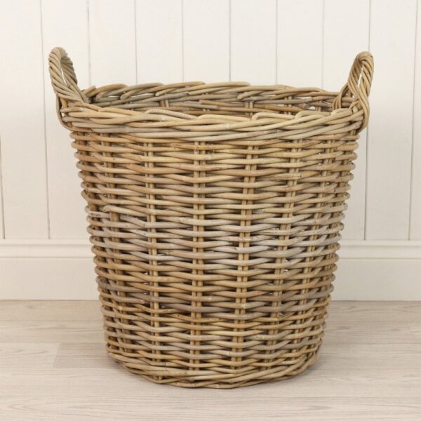 Grey & Buff Rattan Round Wicker Log Basket