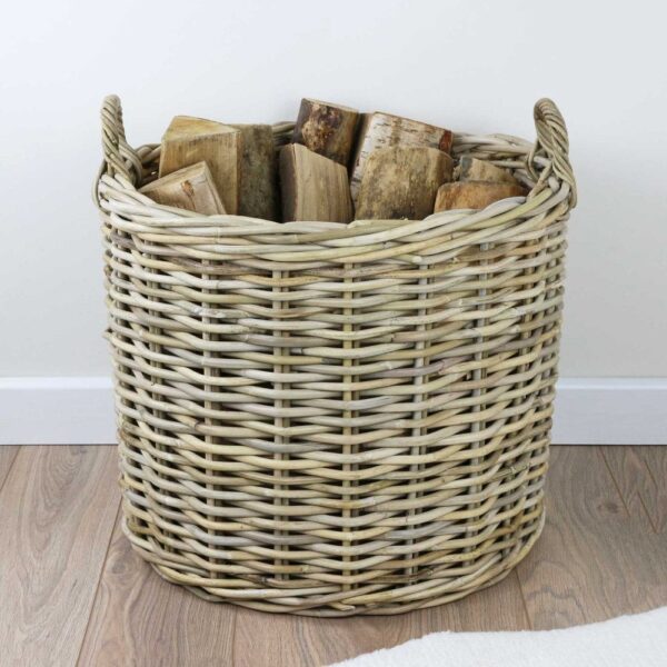 Grey & Buff Rattan Round Wicker Log Basket