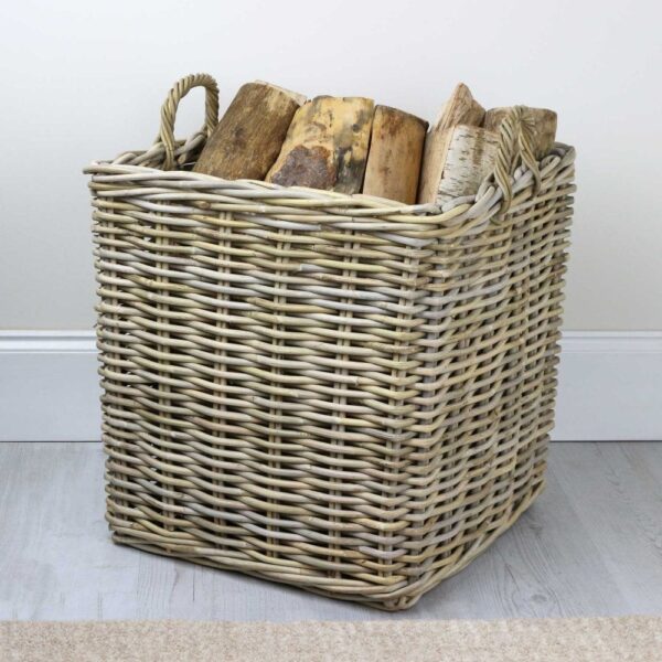 Grey & Buff Rattan Square Wicker Log Basket