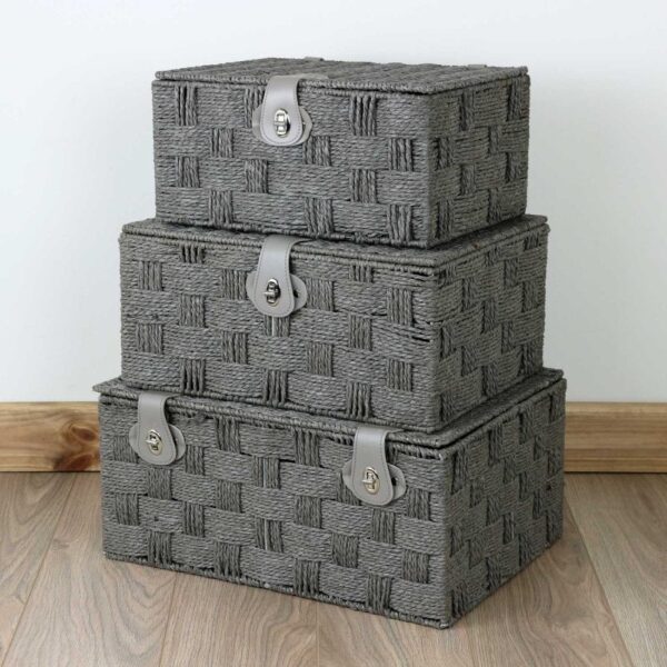 Grey Paper Rope Rectangular Lidded Storage Basket Hamper