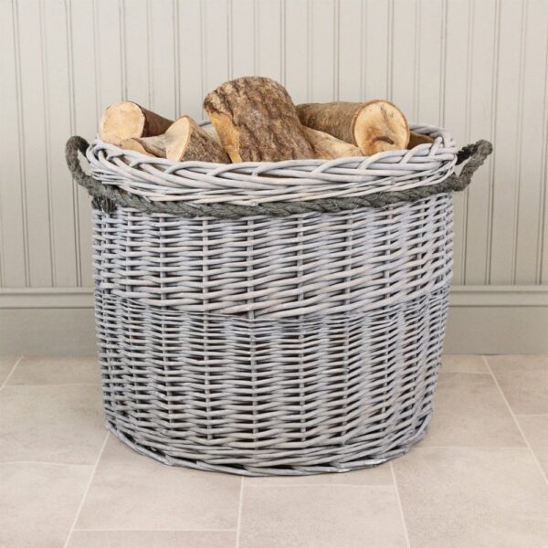 Grey Wash Round Wicker Log Basket Lined