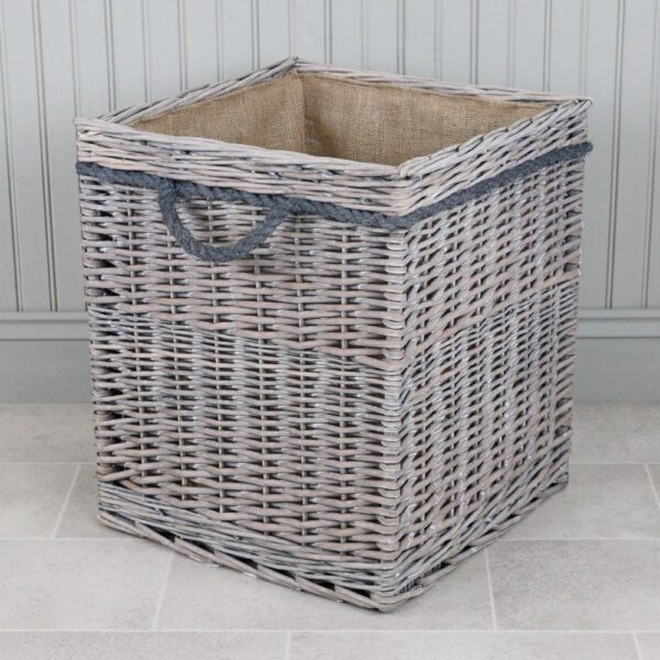 Grey Wash Square Wicker Log Basket Lined