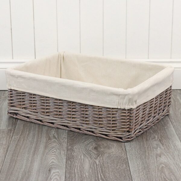 Grey Wash Wicker Lined Shallow Storage Basket