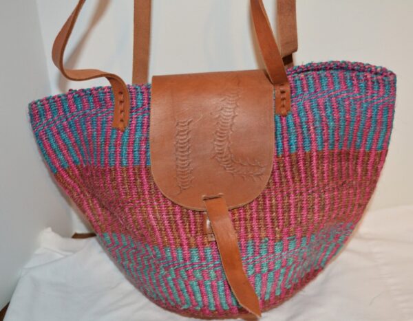 Hand Basket Purse Sisal Round Tote Market Bag Woven Jute & Leather BRIGHT COLORS - Image 2