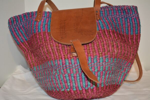 Hand Basket Purse Sisal Round Tote Market Bag Woven Jute & Leather BRIGHT COLORS - Image 4