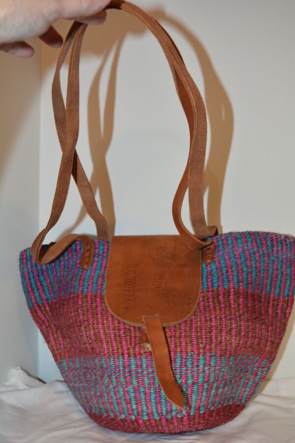 Hand Basket Purse Sisal Round Tote Market Bag Woven Jute & Leather BRIGHT COLORS