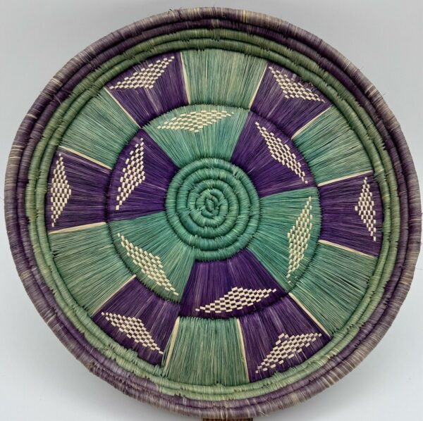 Hand Woven Basket bowl round coiled boho wall hanging purple green/teal 10.25" - Image 2