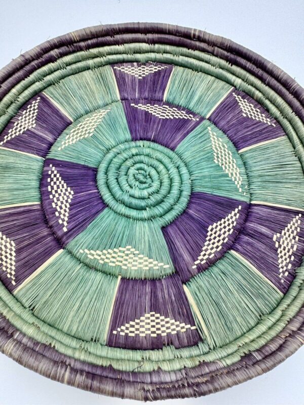 Hand Woven Basket bowl round coiled boho wall hanging purple green/teal 10.25" - Image 3