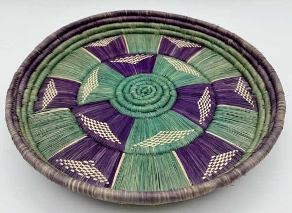 Hand Woven Basket bowl round coiled boho wall hanging purple green/teal 10.25" - Image 4